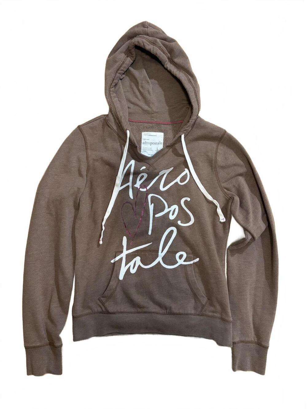 Aeropostale Hoodie Womens Size L Brown Pullover Graphic Logo Heart Pocket